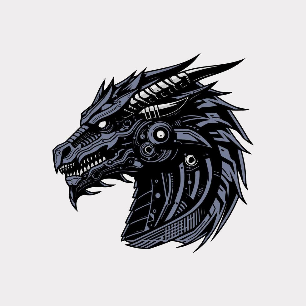 Cyberpunk dragon head hand drawn illustration art drawing vector
