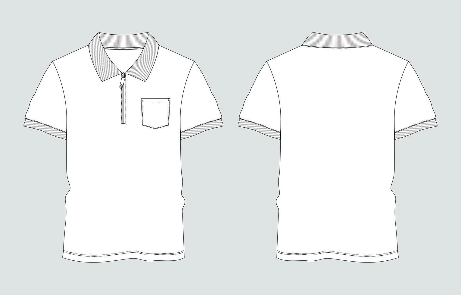 Short sleeve polo shirt technical drawing fashion flat sketch template front and back views vector