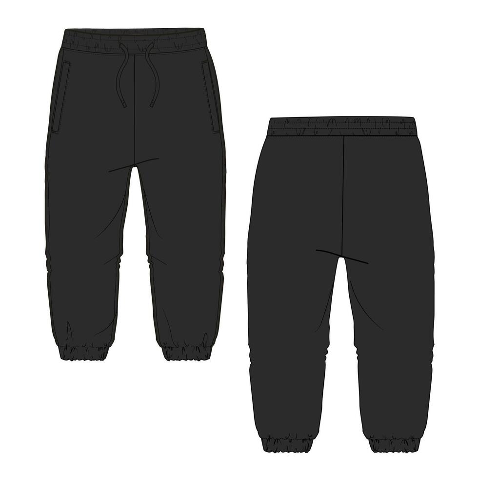 Sweatpants black color template front and back views isolated on white background vector