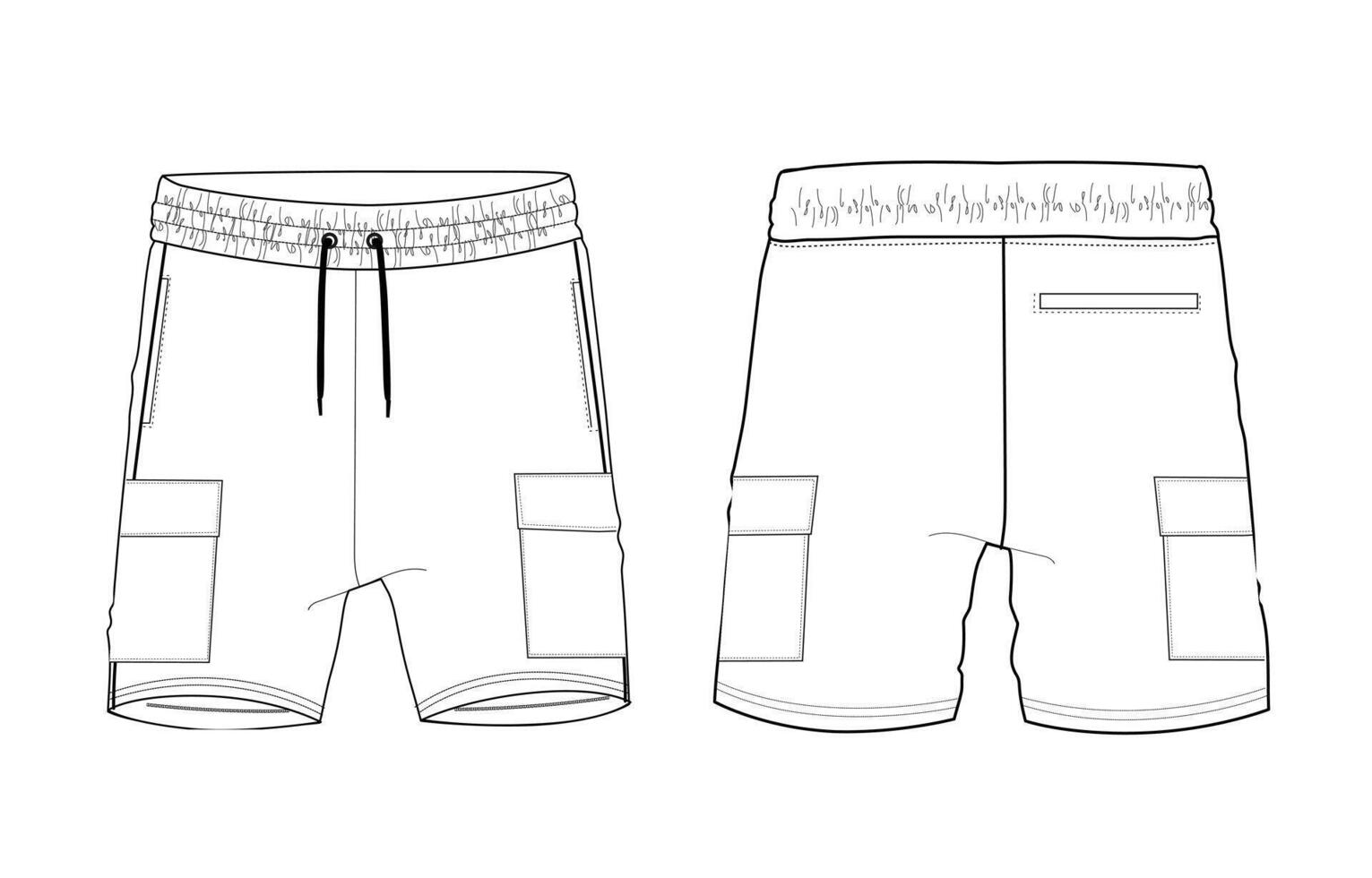 Sweat shorts pants technical drawing fashion flat sketch template front and back views vector