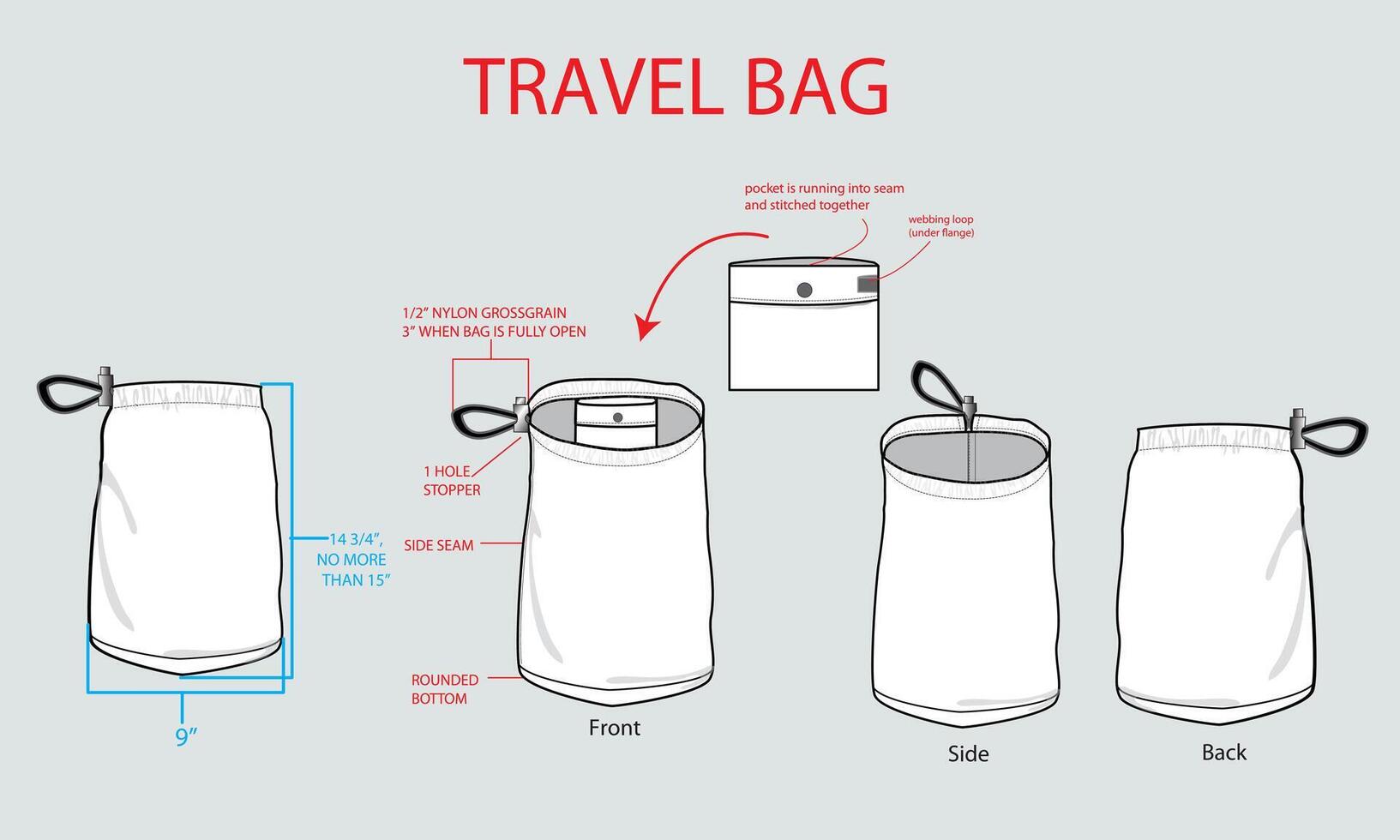 Travel bag template with instructions and measurements vector