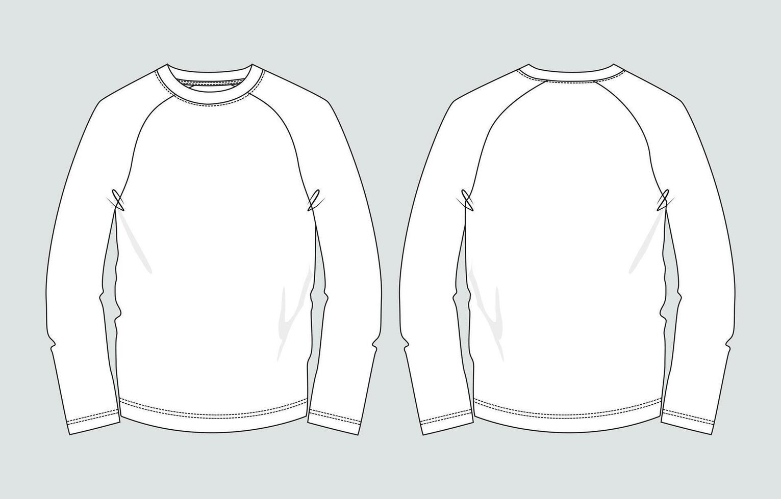 Long Sleeve raglan t shirt Technical drawing fashion flats template front and back views vector
