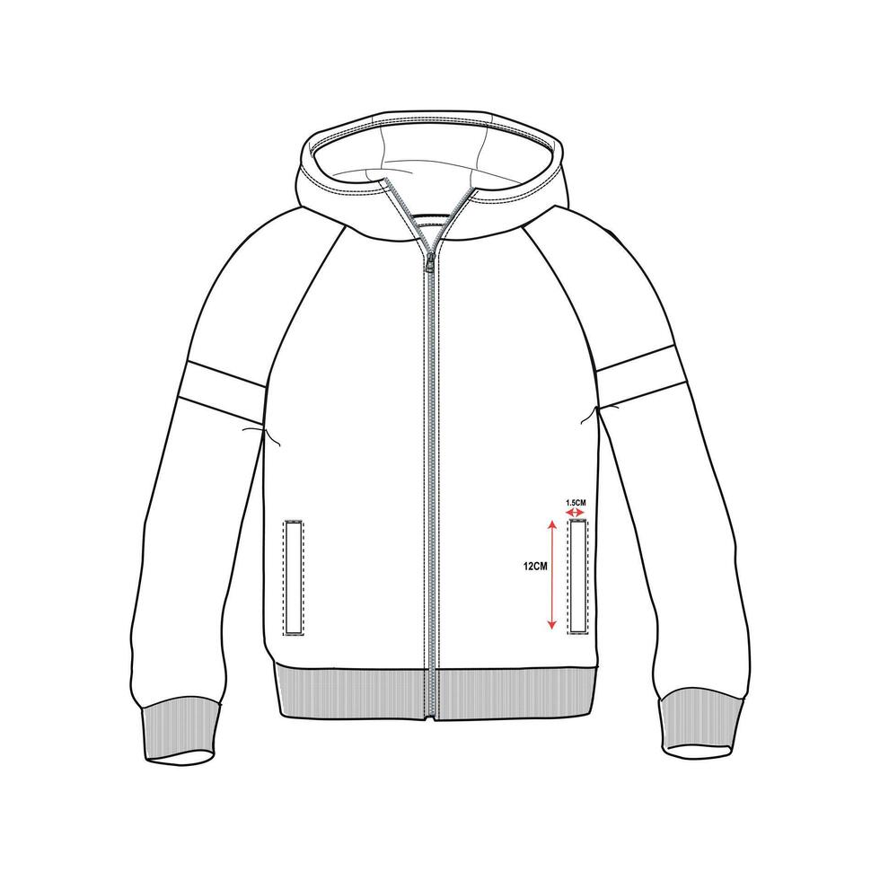 The measurements for a hoodie with a zipper vector
