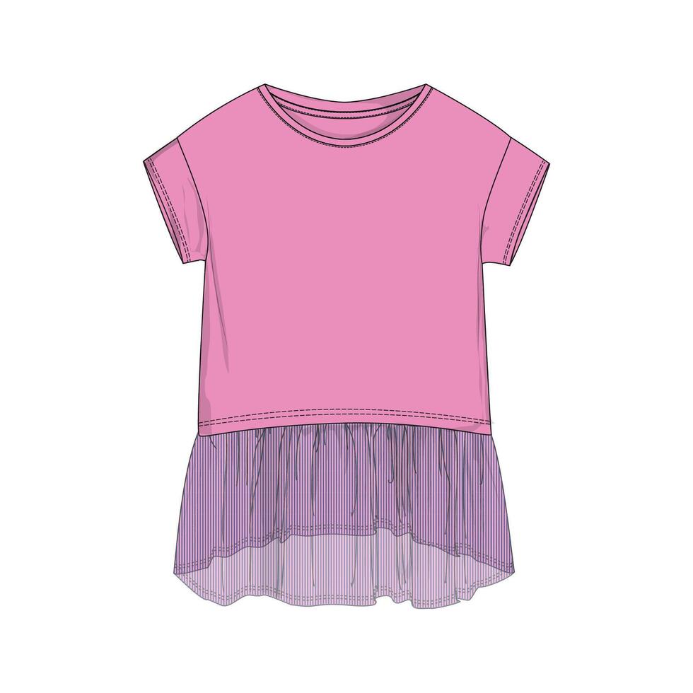 Baby girls dress design technical Flat sketch illustration template. Apparel clothing Mock up front and back views vector