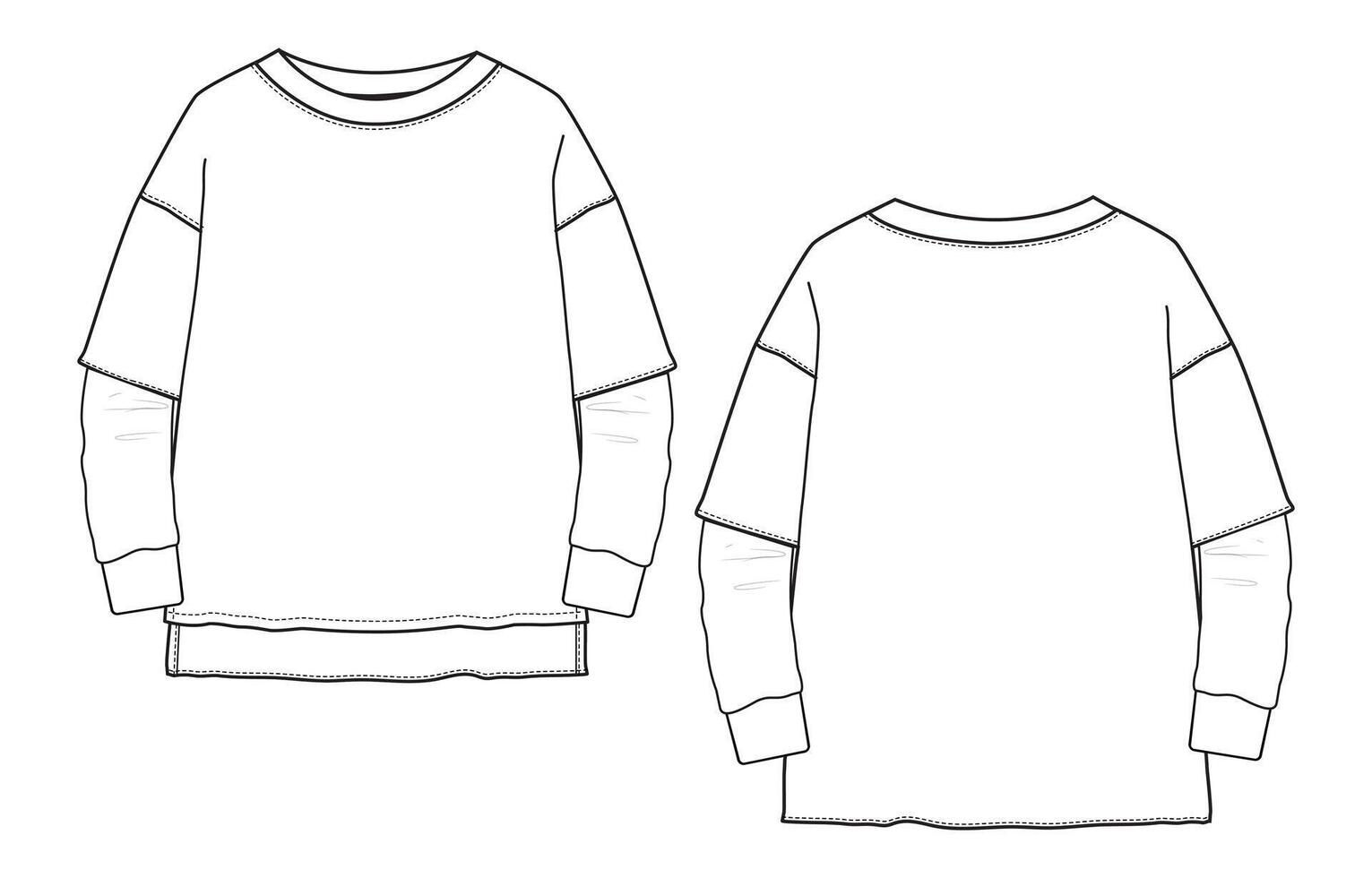 Long sleeve round neck Technical Sketch flat fashion T-shirt front and back view . vector