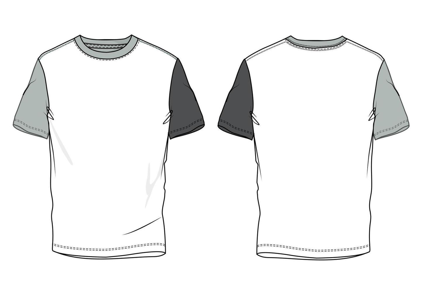 Two tone color raglan Short Sleeve T shirt Technical drawing fashion flats template front and back views vector