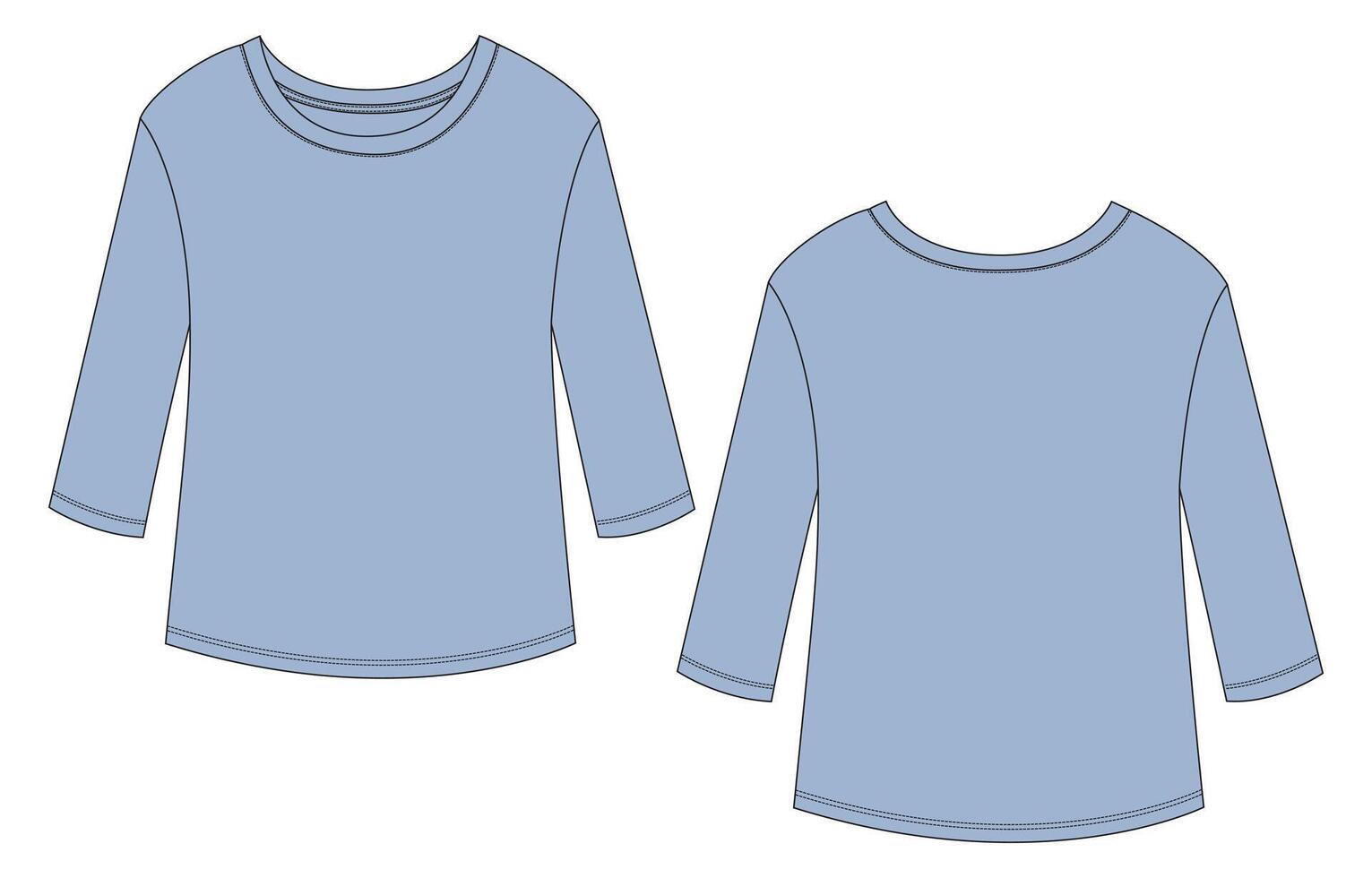 Long sleeve t shirt technical drawing fashion flat sketch illustration sky blue color template for ladies vector