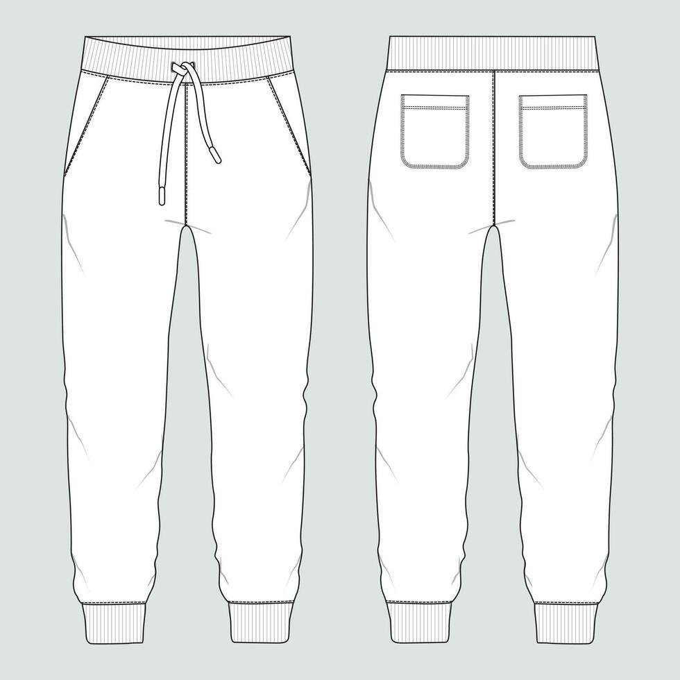Fleece jersey Sweatpant technical fashion flat sketch template front and back views. Apparel jogger pants illustration mock up for man's and boys vector
