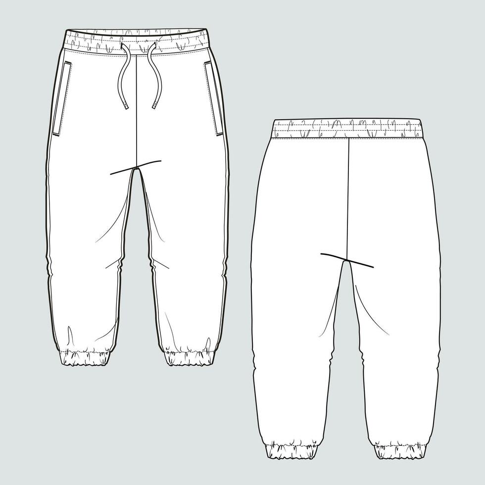 Fleece fabric Jogger Sweatpants overall technical fashion flat sketch illustration template front, back views. vector