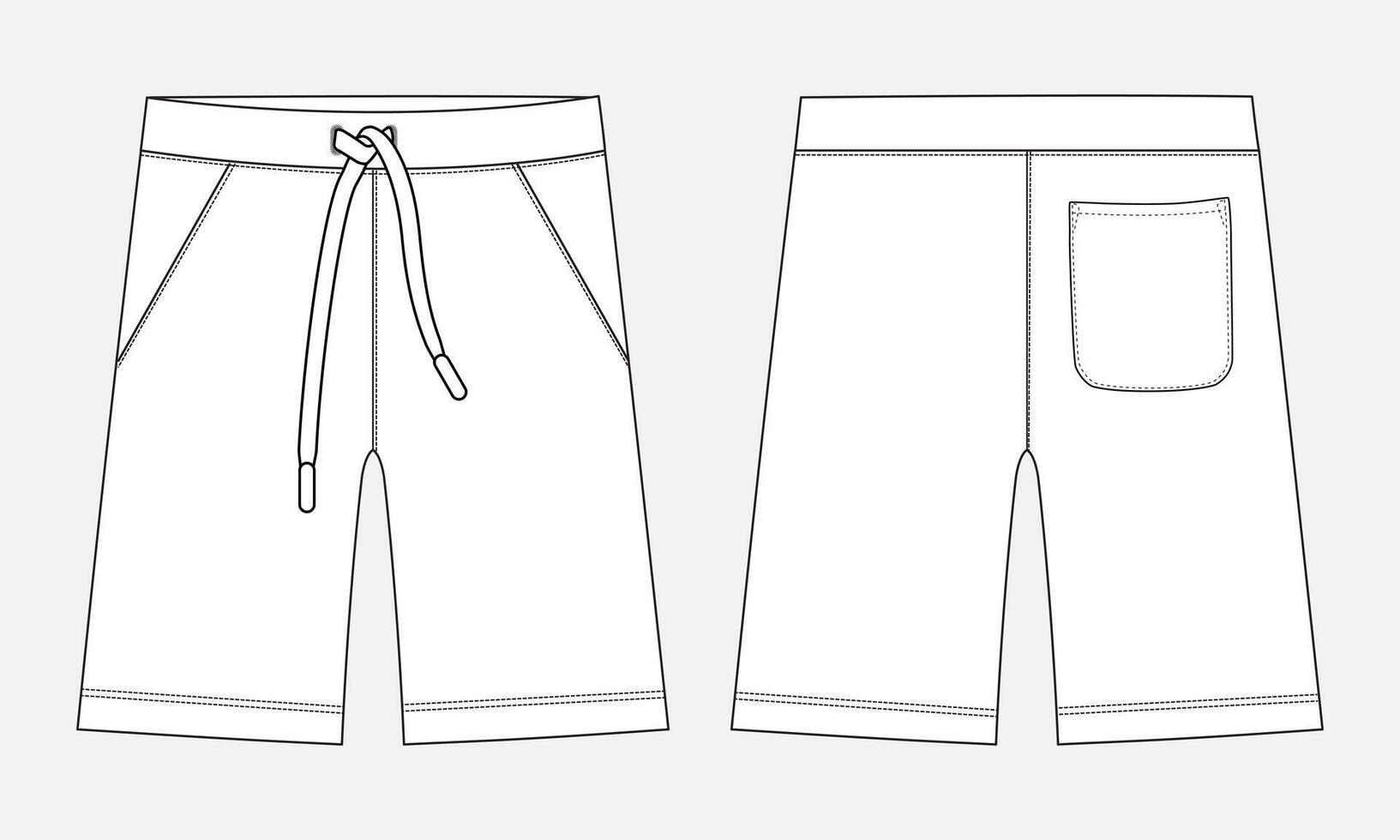 Sweat shorts pant technical drawing fashion flat sketch template front and back views vector