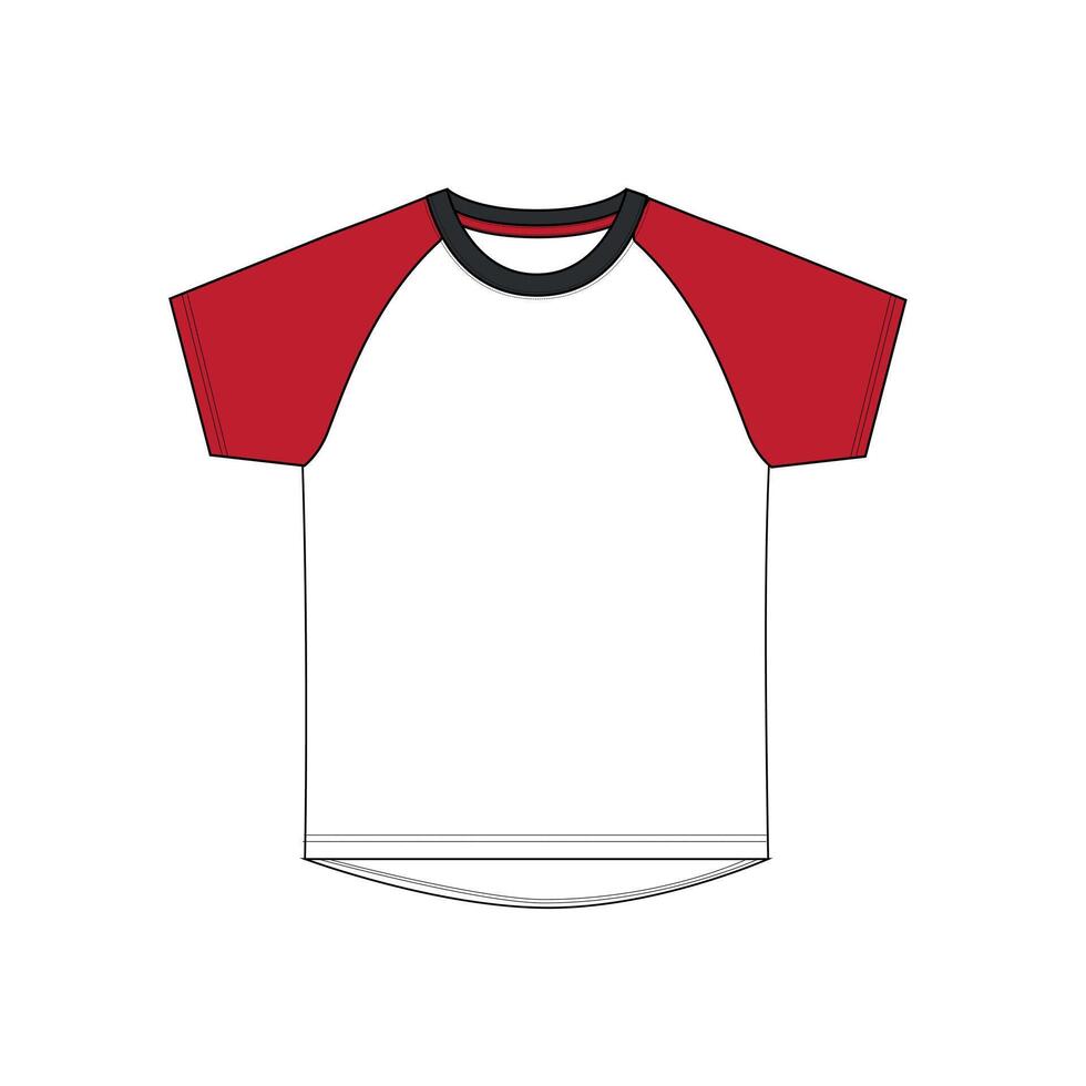 Raglan sleeve white and red color t shirt technical drawing template for kids vector
