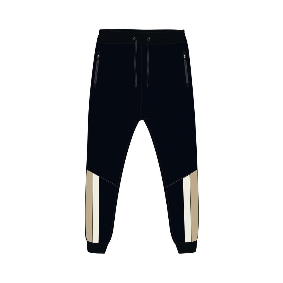 A black sweat pant with gold and white stripes vector