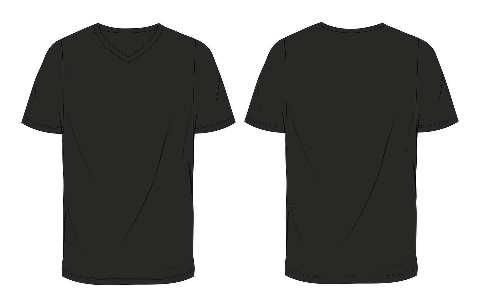 Black Color t shirt technical drawing fashion flat sketch illustration template front and back views vector
