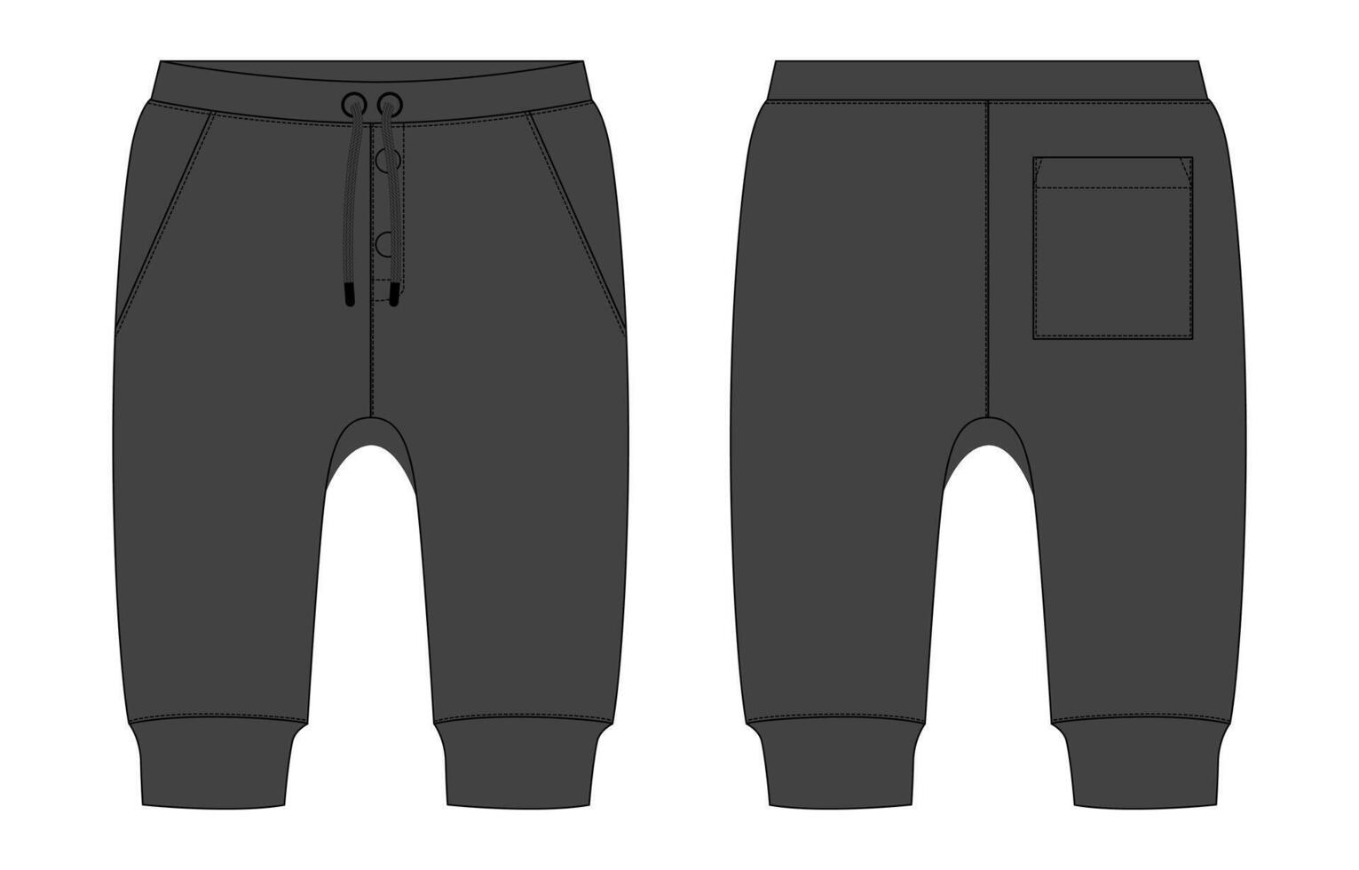 Sweatpants technical drawing fashion flats black color template for kids vector