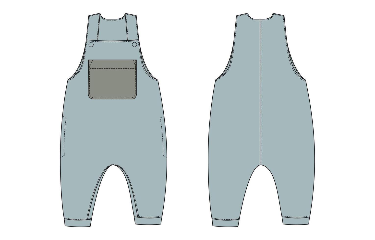 All in one dungaree bodysuit technical drawing fashion flat sketch illustration template for kids vector