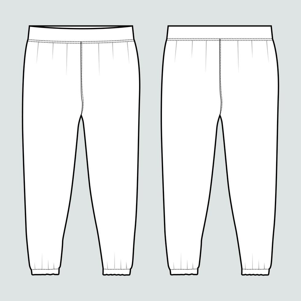 Ladies and Kids Basic Fleece Sweat Pant fashion flat sketch template front and back view. Technical Drawing apparel dress design Jogger pant mock up. vector