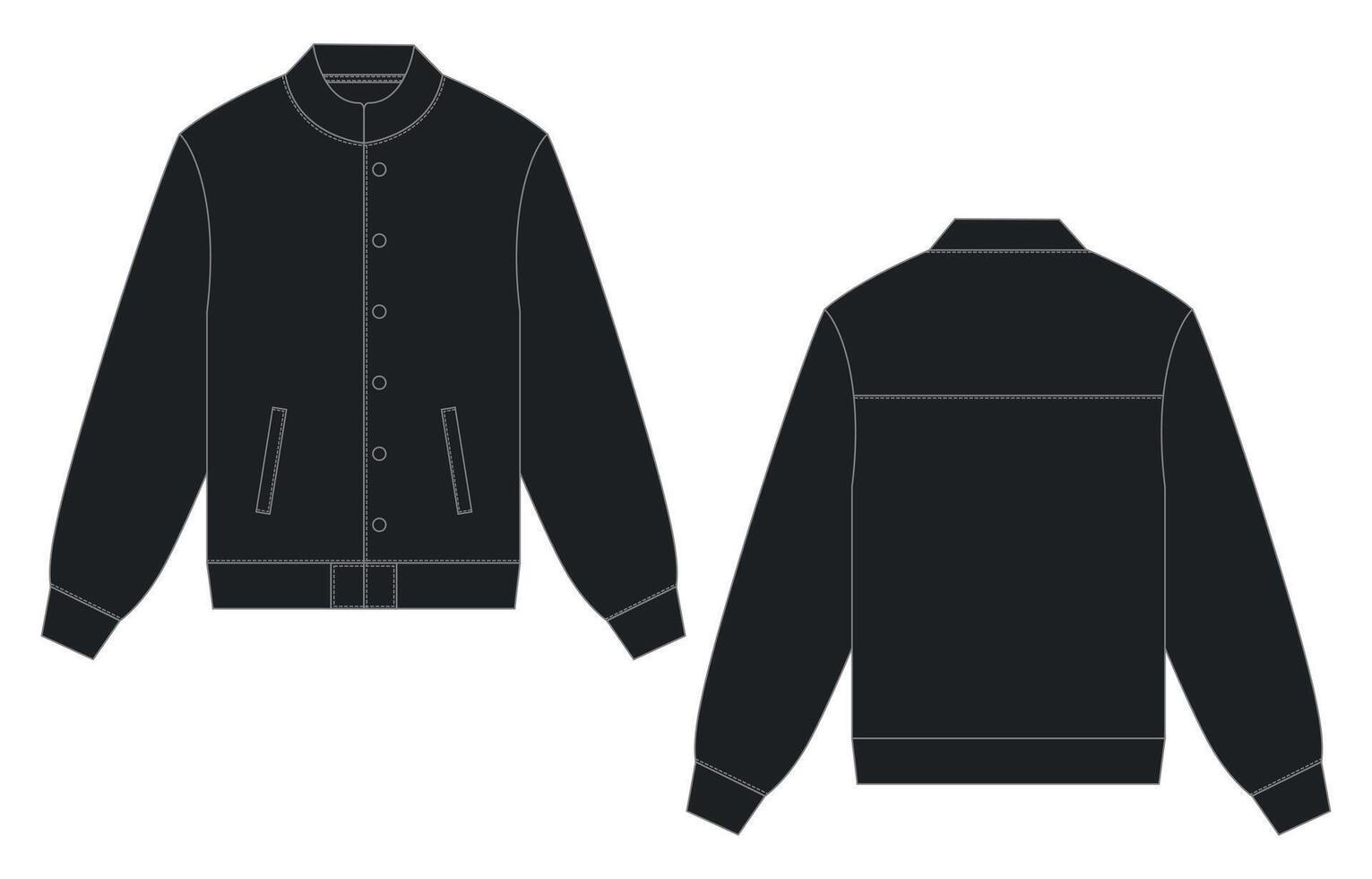 Long sleeve jacket with pocket and zipper technical fashion flat sketch black template front and back views. Fleece jersey sweatshirt jacket for men's and boys. vector