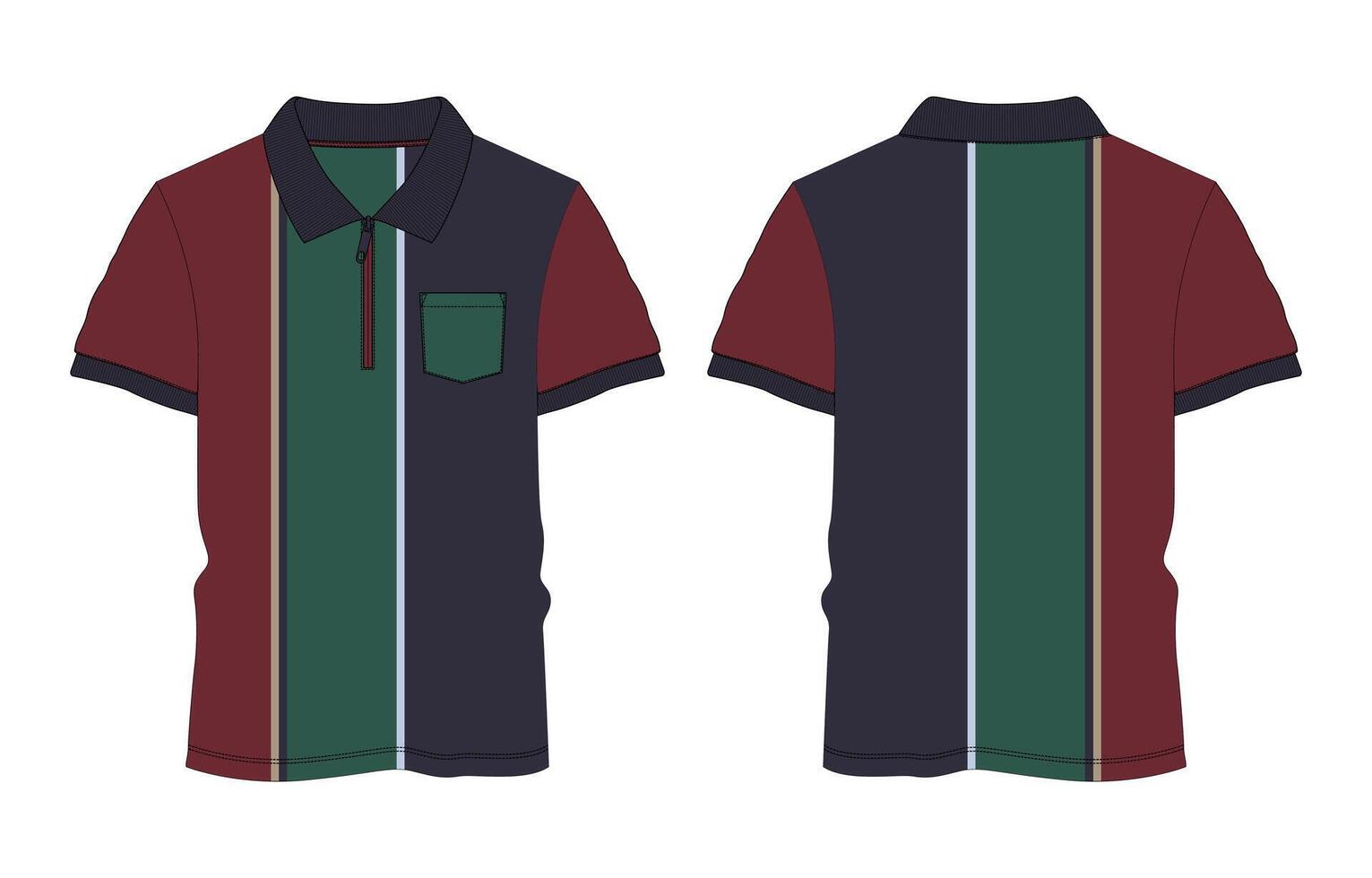 Short sleeve polo shirt with pocket and stripes template front and back views vector