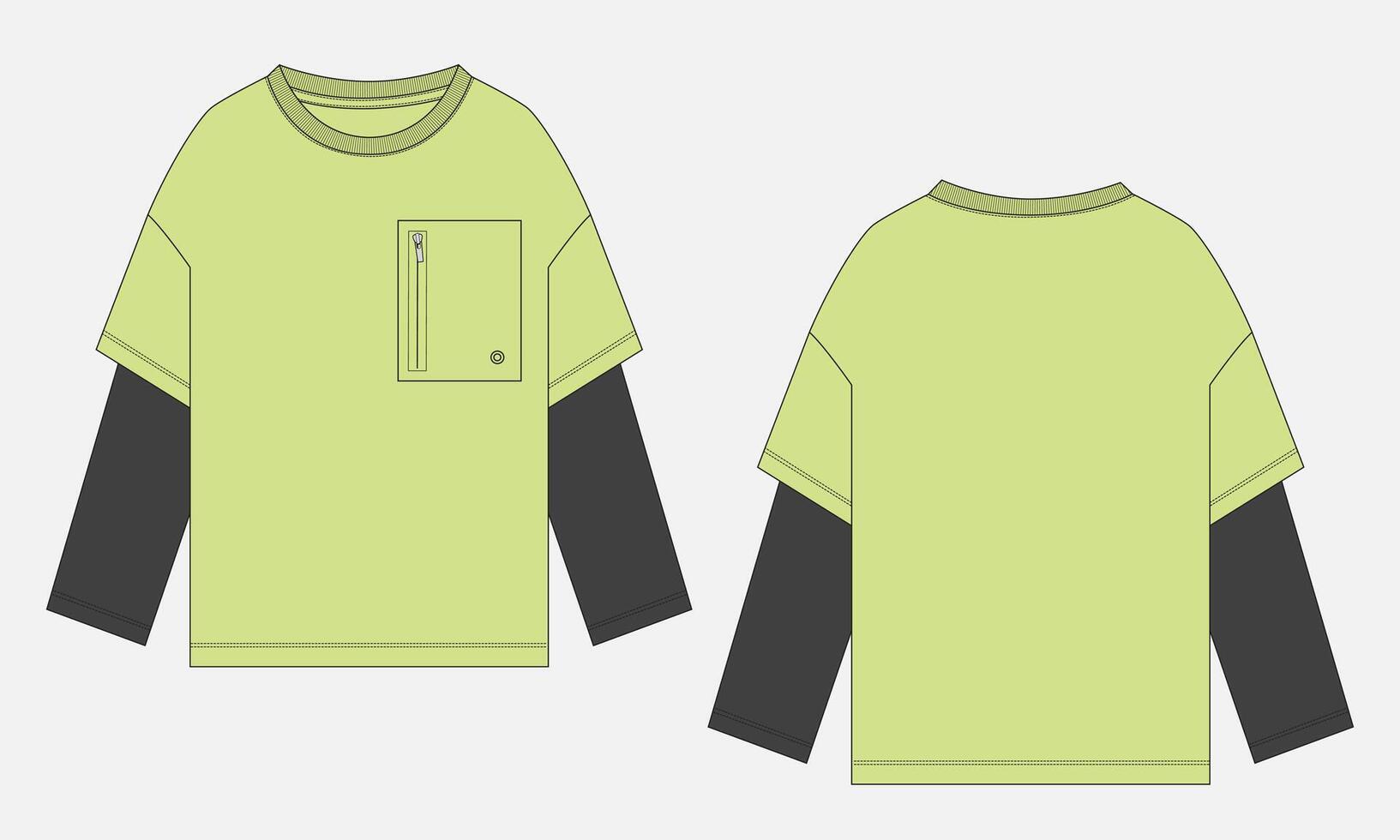 Two tone color long sleeve t shirt Neon color template front and back views vector