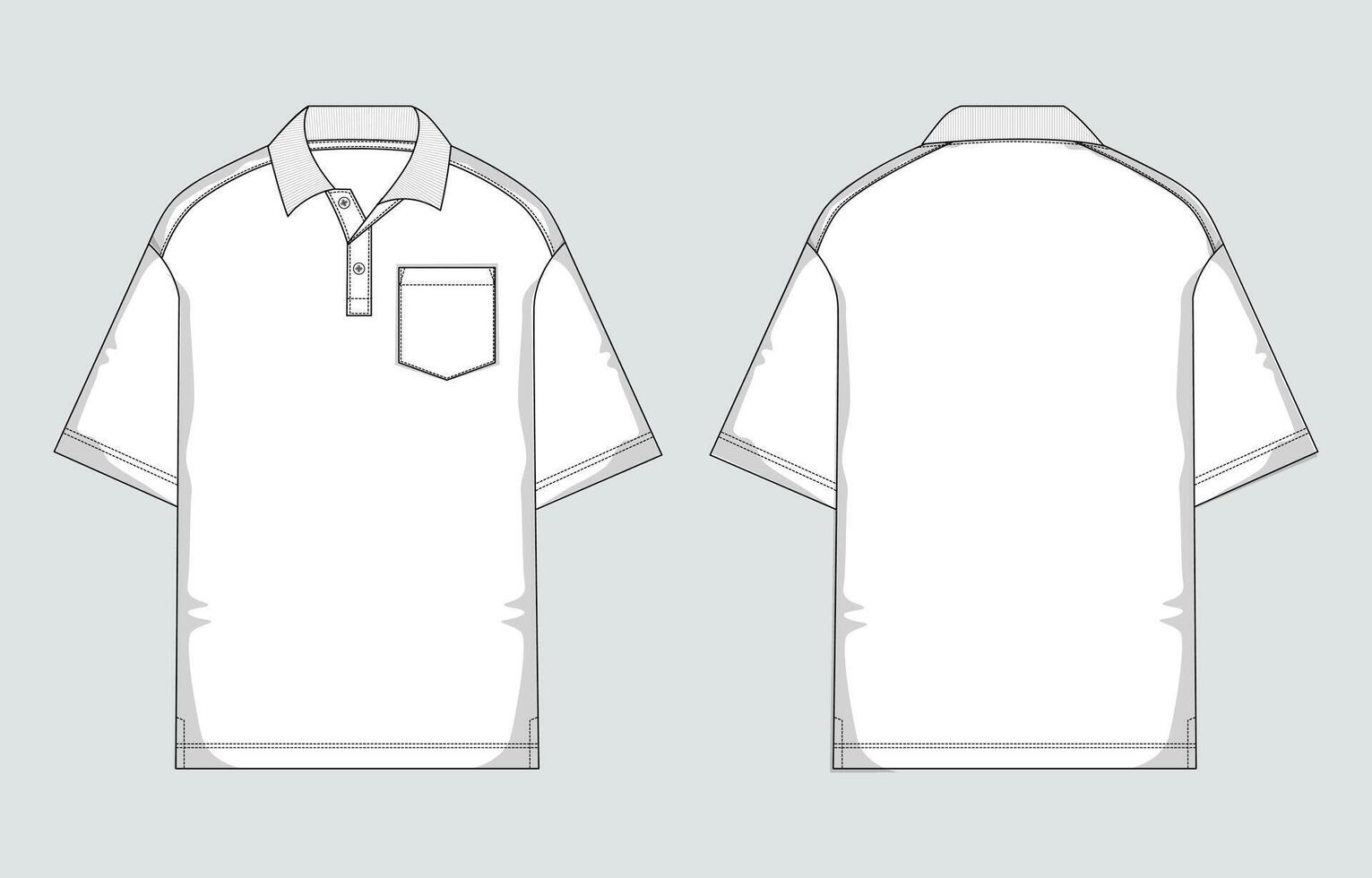 Short sleeve polo shirt technical drawing fashion flat sketch template front and back views. vector