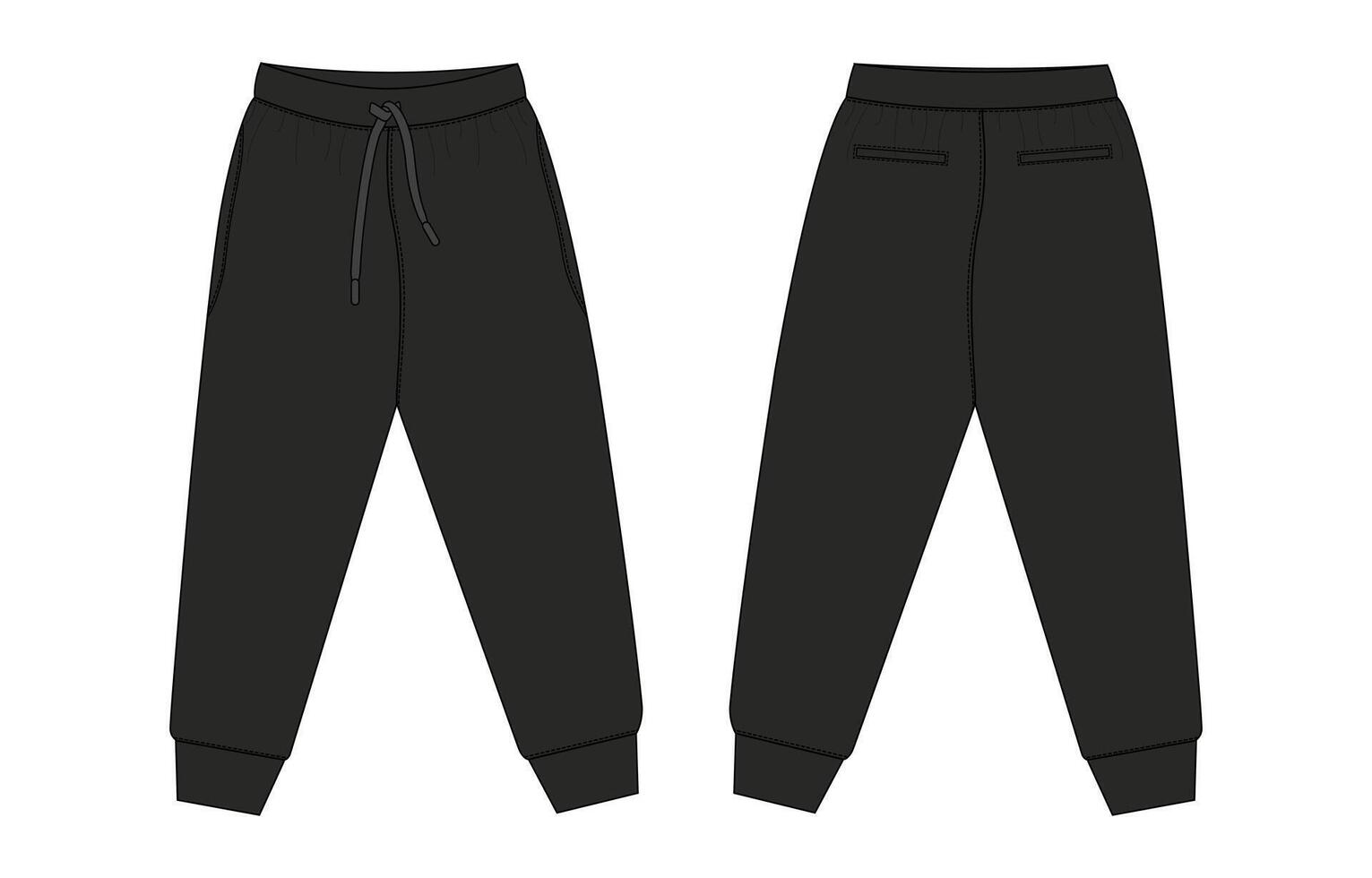 Fleece fabric Jogger Sweatpants technical drawing fashion flat sketch illustration black color template front, back views. vector