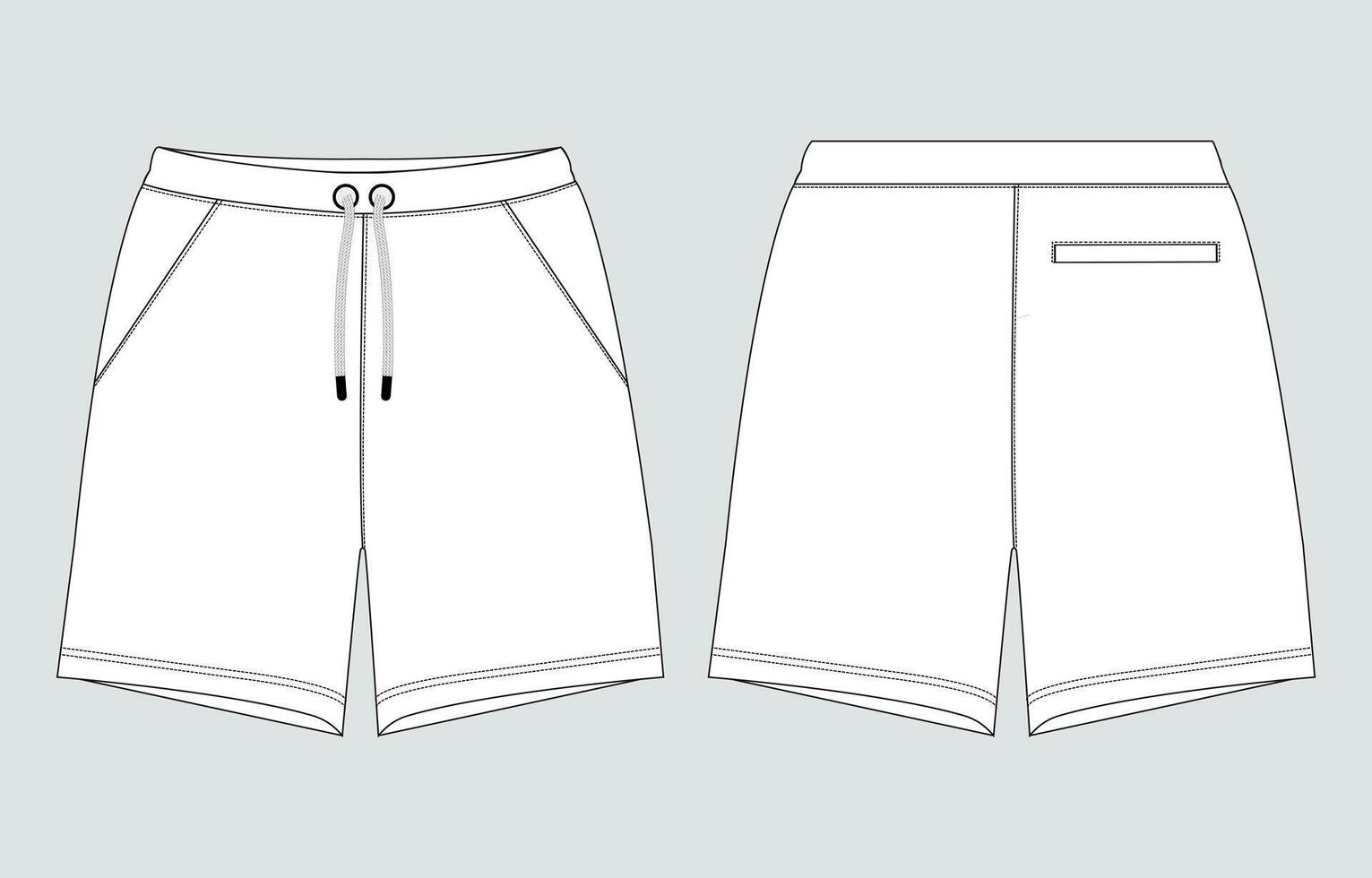 Sweat shorts pant technical drawing fashion flat sketch template front and back views vector