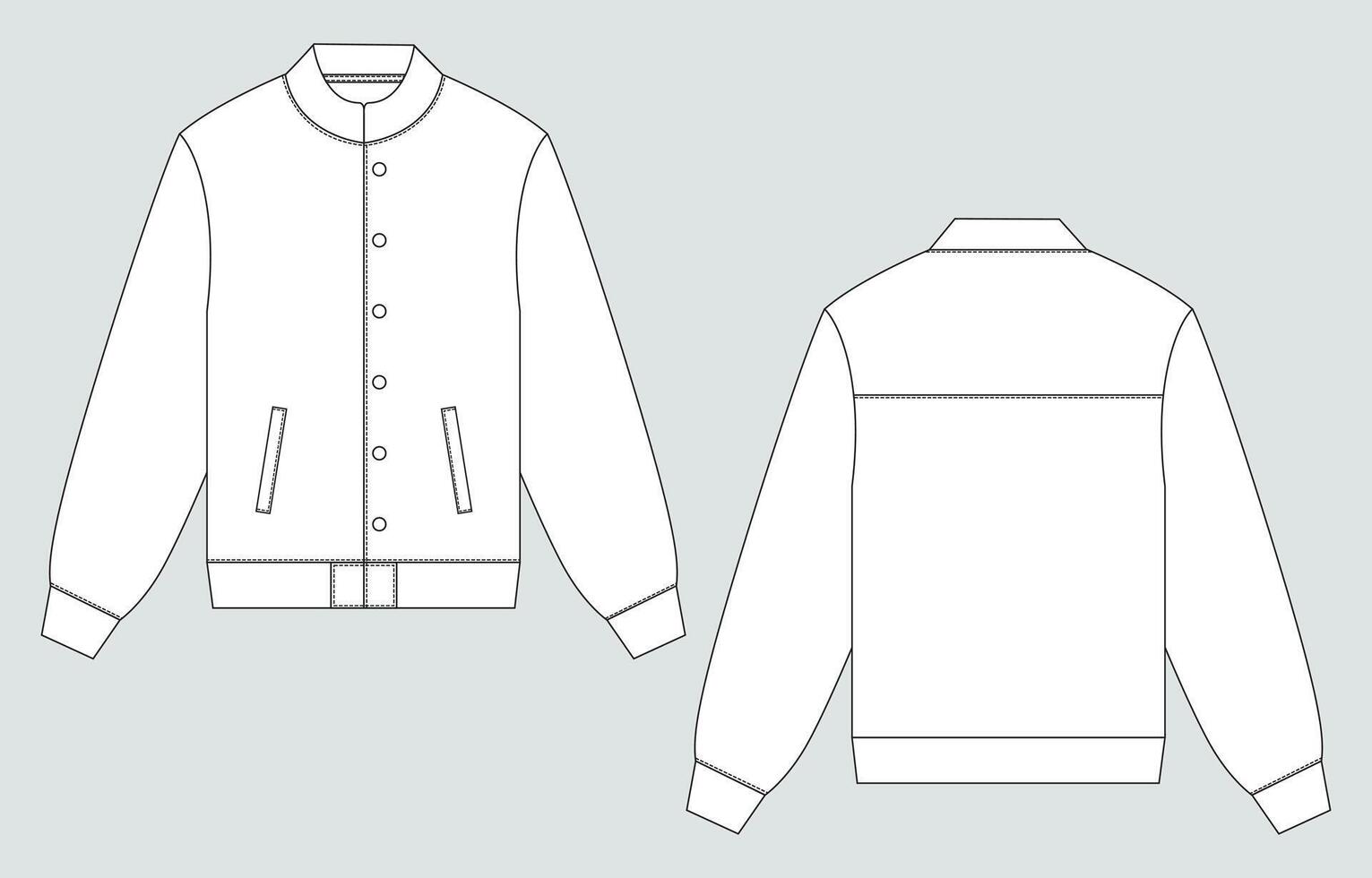 Long sleeve jacket with pocket and zipper technical fashion flat sketch template front and back views. Fleece jersey sweatshirt jacket for men's and boys. vector