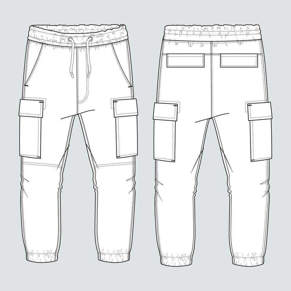 Jogger Sweatpants technical drawing fashion flat sketch template front and back views vector