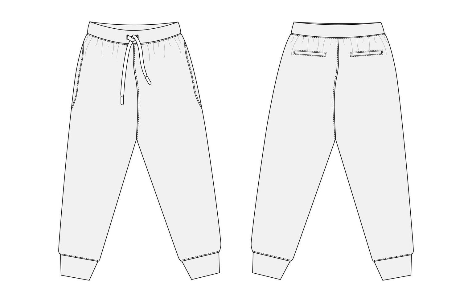 Sweatpants technical drawing fashion flat sketch template front and back views. vector
