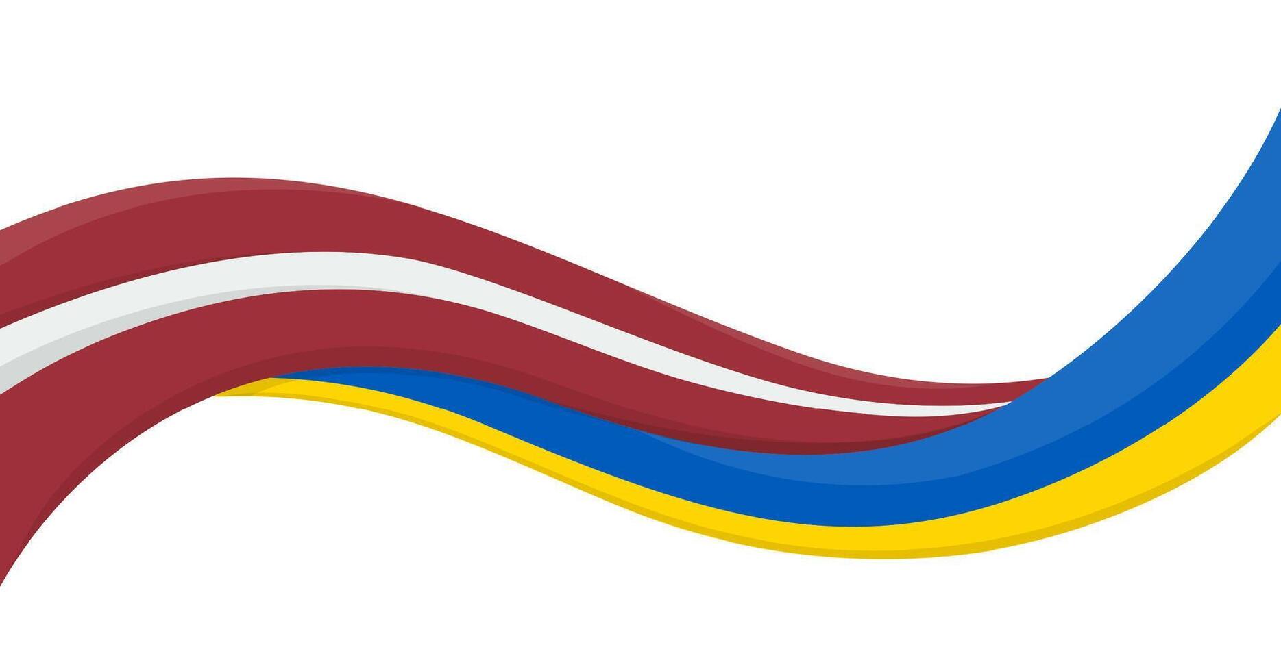 Wavy ribbon banner of Ukraine National flag with Latvia National Flag. Unity and cooperation symbol. Logo for charity social events, NGO, sports team, peace summit. illustration. vector