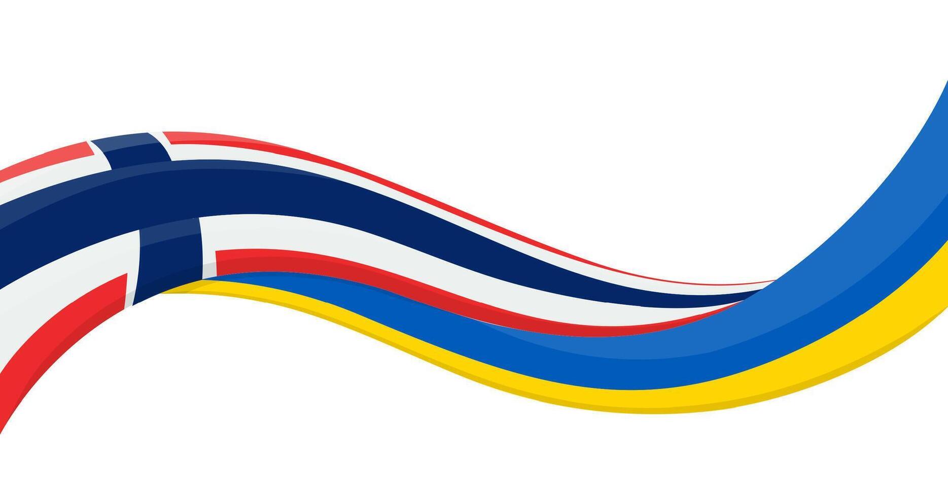 Wavy ribbon banner of Ukraine National flag with Norway National Flag. Unity and cooperation symbol. Logo for charity and social events, NGO initiative, sport teams. illustration. vector