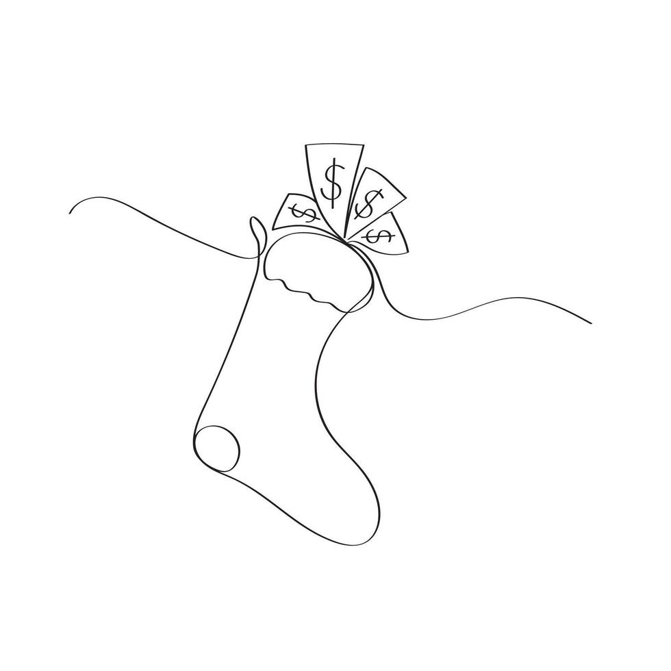 Christmas stocking or boot with money drawn by one line. Sketch. Outline illustration in doodle style. vector