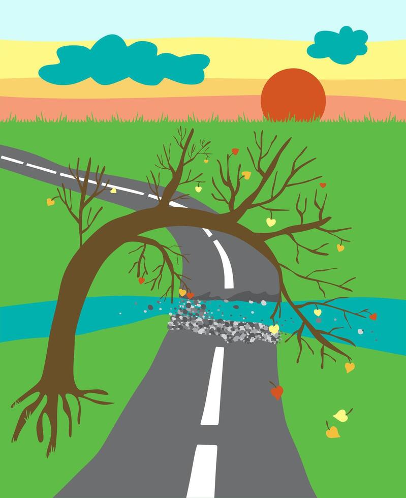 The carriageway of the road is damaged. The river flows through the road. The tree leans over the road. Sunlight and sky. Autumn time. vector