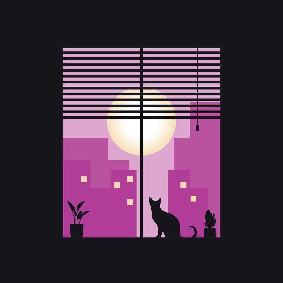 cat watching sunset silhouette wallpaper vector