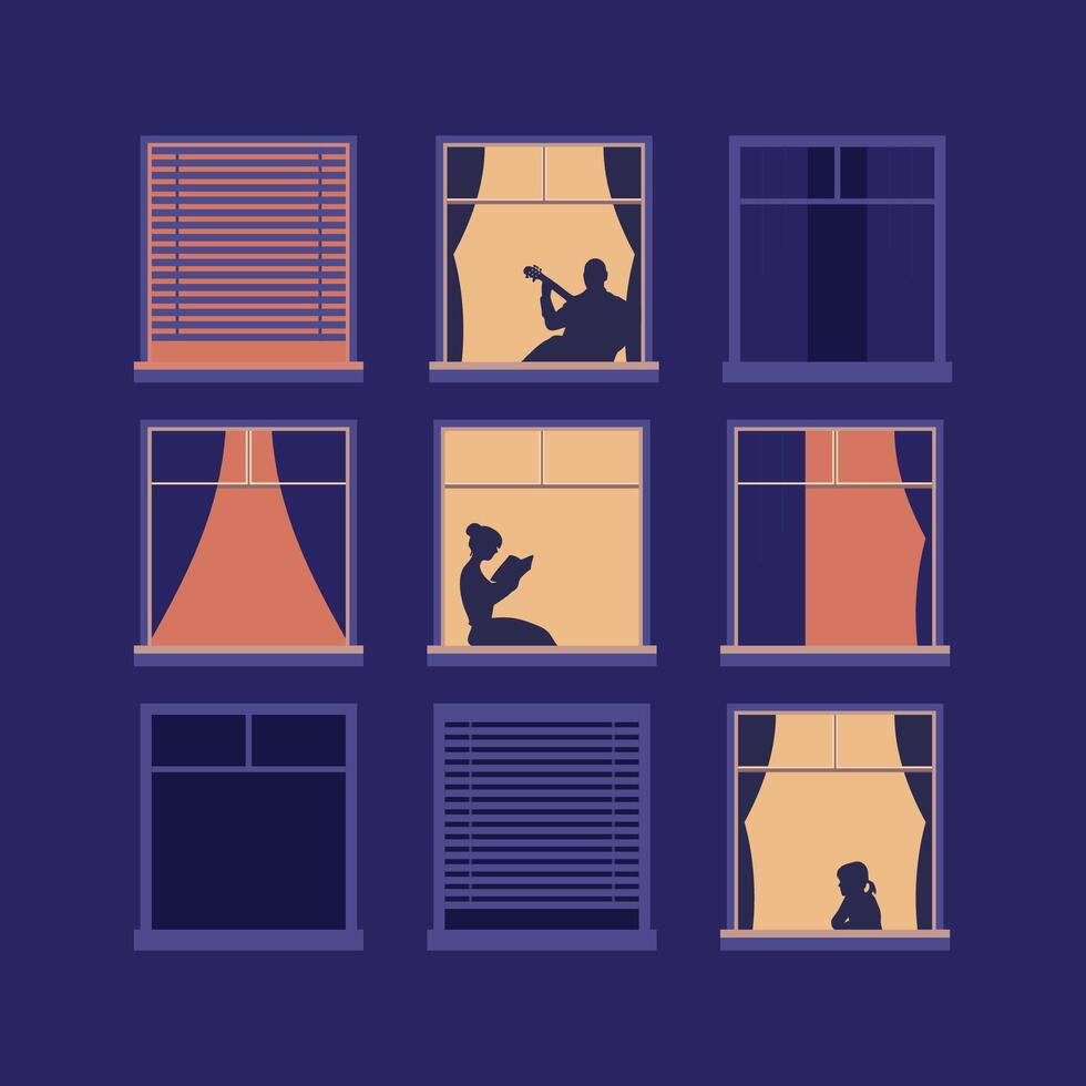 people in apartment window silhouette vector