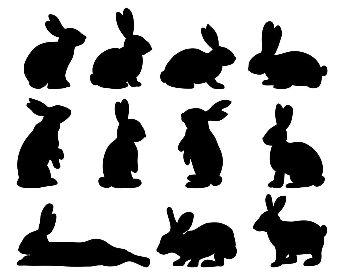 Black Rabbit Silhouette Set, Mammal Animal Sign Collection Isolated on White vector