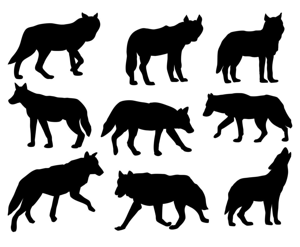 Wolf Mammal Animal Silhouette Set Isolated on White Background vector