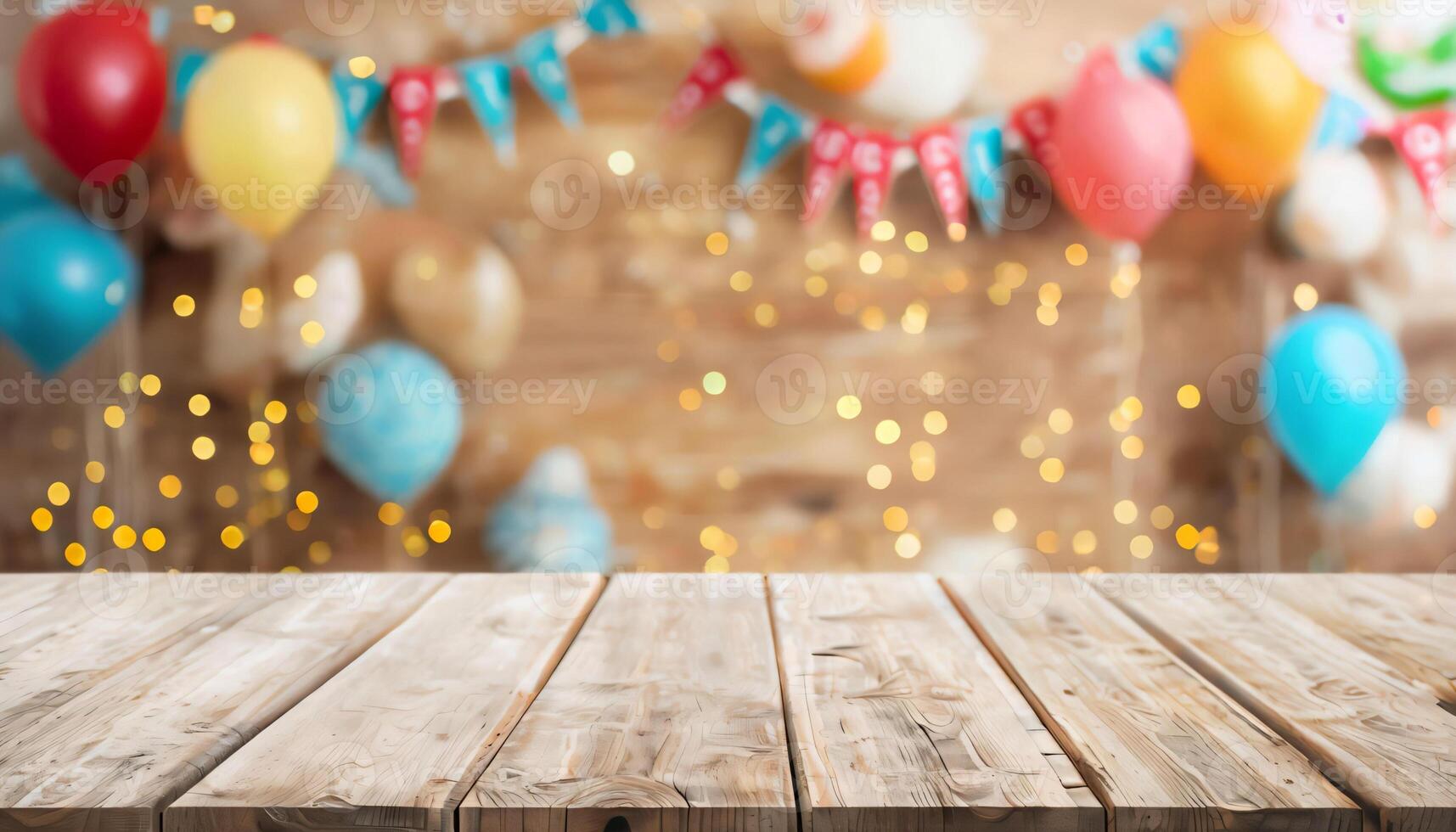 Empty wooden table top whit party birthday background blurred, good for product display photo
