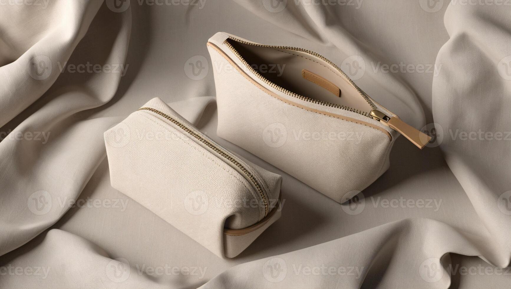 Detailed mock-up of a blank canvas pouch and cosmetic bag in 3D, with an isolated background of an empty fabric, linen or cotton purse. photo