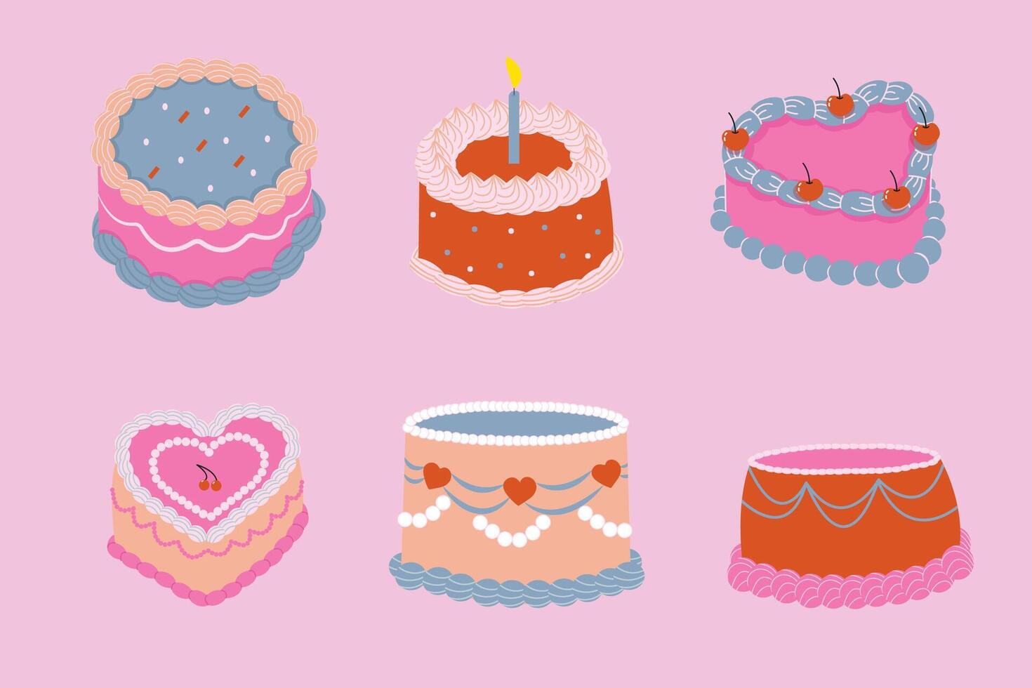 Set of cute cakes in retro style. The illustration is hand drawn. Concept of birthday, party, wedding. vector