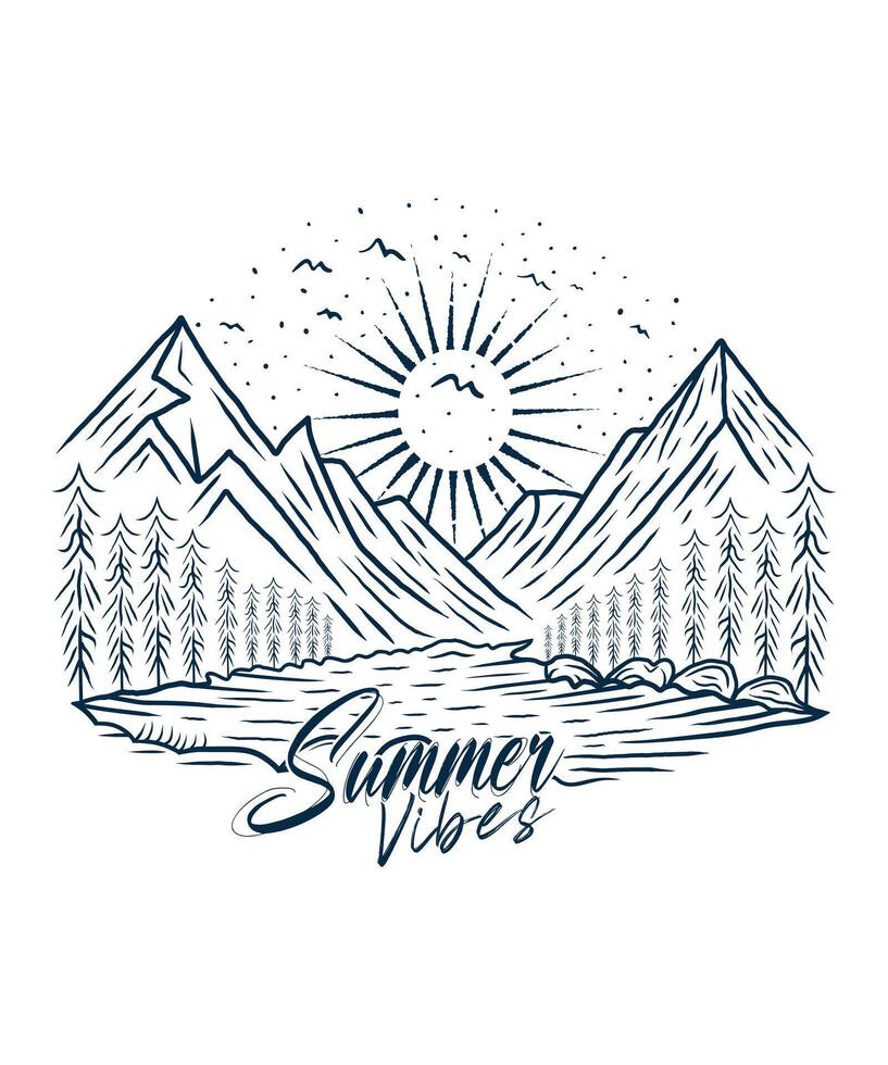 Summer vibes mountain lake outdoor t shirt design vector