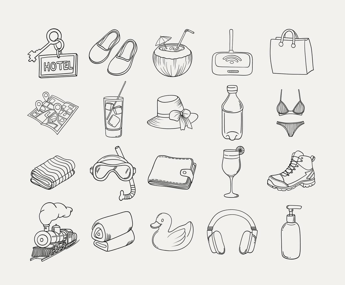 Hand Drawn Travel Essentials Outline Illustrations vector
