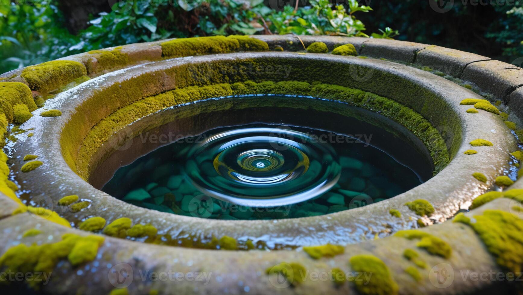 A stone well with clear water and a ripple in the center. photo