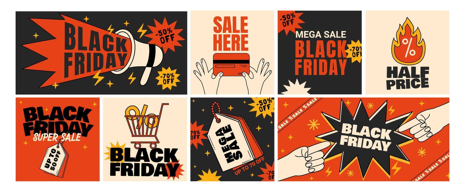 Black Friday banners. Abstract sale stickers. Marketing advertising patch for discount shopping. Promo poster with megaphone, credit card, price tag, concept vector