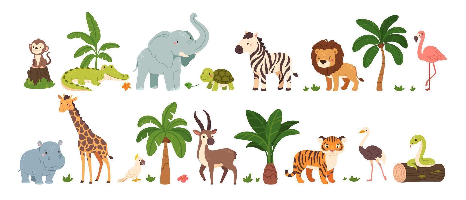 Jungle animals. Cute safari wild mammals. Funny exotic mammal, bird and reptile. Elephant, parrot, lion, crocodile, turtle and palm tree. Kids set vector