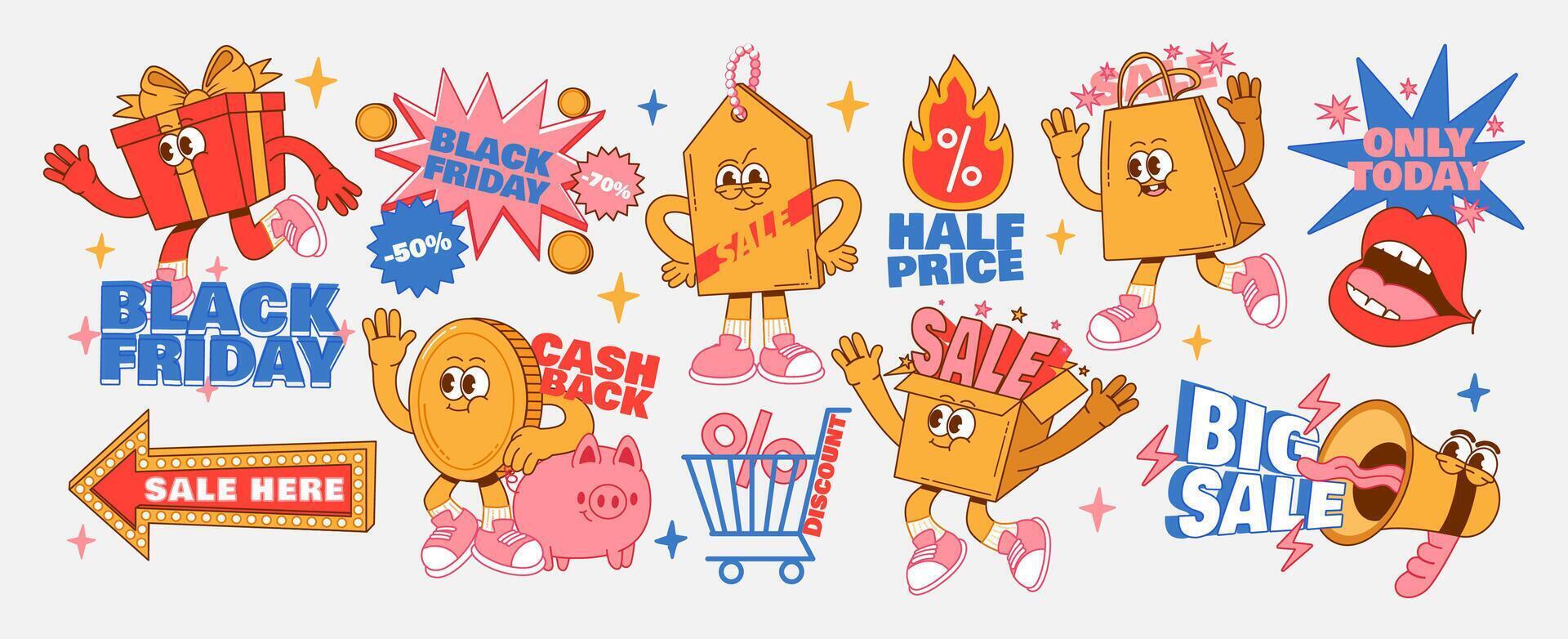 Retro Black Friday stickers. Cartoon shopping characters. Vintage promo mascot coin, label, gift box, shop bag, megaphone. Groovy sale, cash back text set vector