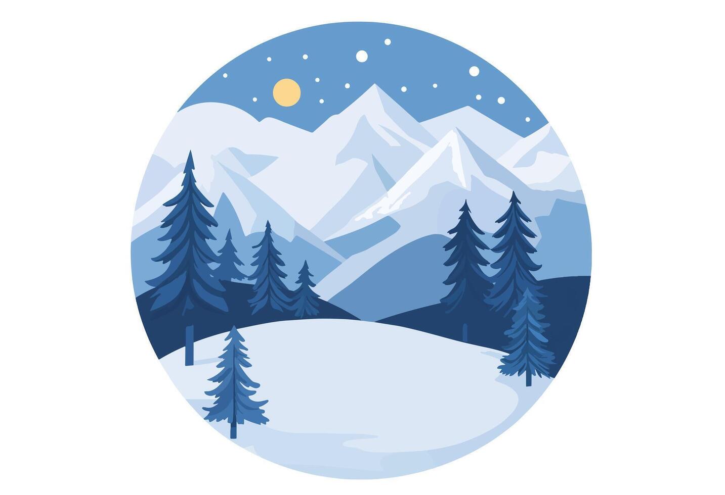 snowy mountains, pine trees, and a sky at night vector
