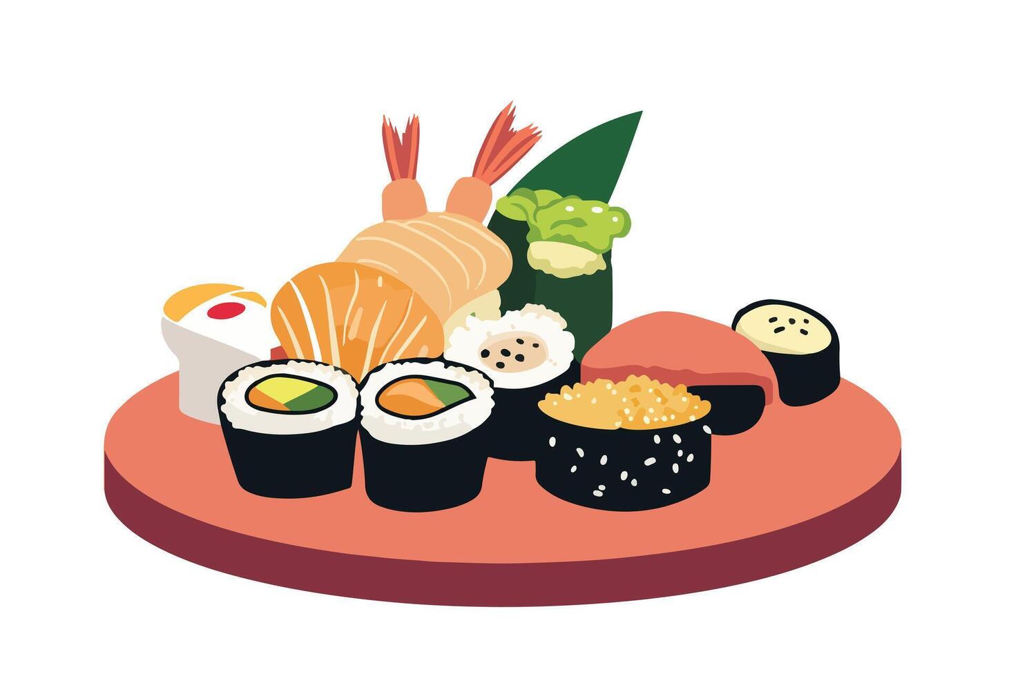 Sushi and Rolls on White Background, Flat vector