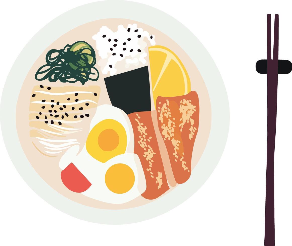 Anime Rice Bowl with Eggs and Seaweed vector