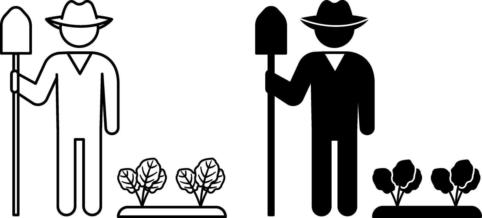 Farmer icons. Black and White Icons. Man in a Hat and with a Shovel in the Garden. Natural and Environmentally Friendly Product. Organic Farming Concept vector
